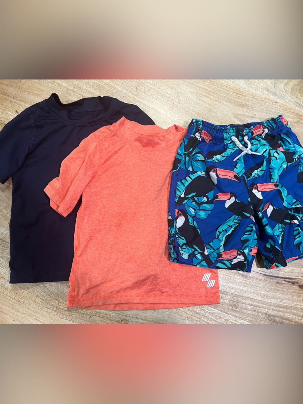 The Children's Place Navy & Orange Rash Guards with Blue Toucan Swim Trunks
